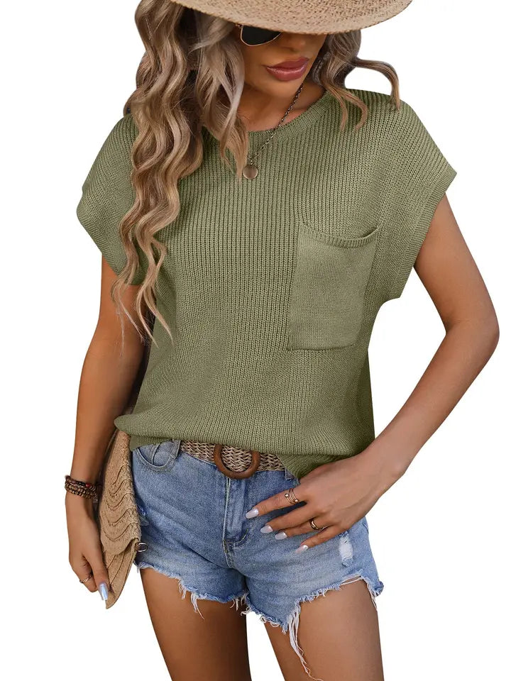 Crewneck Pocket Trim Top Short-Sleeved Sweater